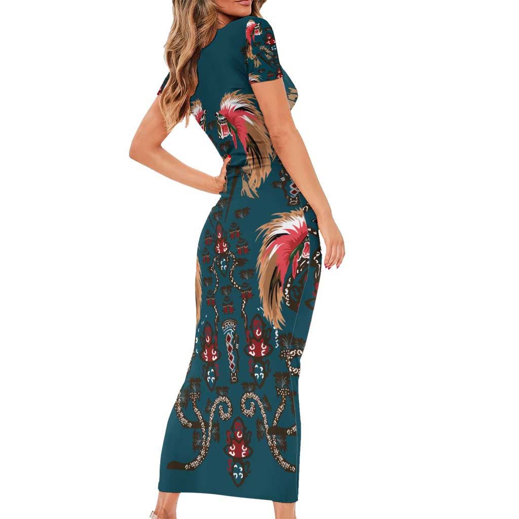 Dark Cyan Blue Bird of Batik Papua Family Matching Short Sleeve Bodycon Dress and Hawaiian Shirt Exotic Natural Wealth of Papua - Polynesian Pride