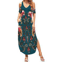 Dark Cyan Blue Bird of Batik Papua Family Matching Summer Maxi Dress and Hawaiian Shirt Exotic Natural Wealth of Papua - Polynesian Pride