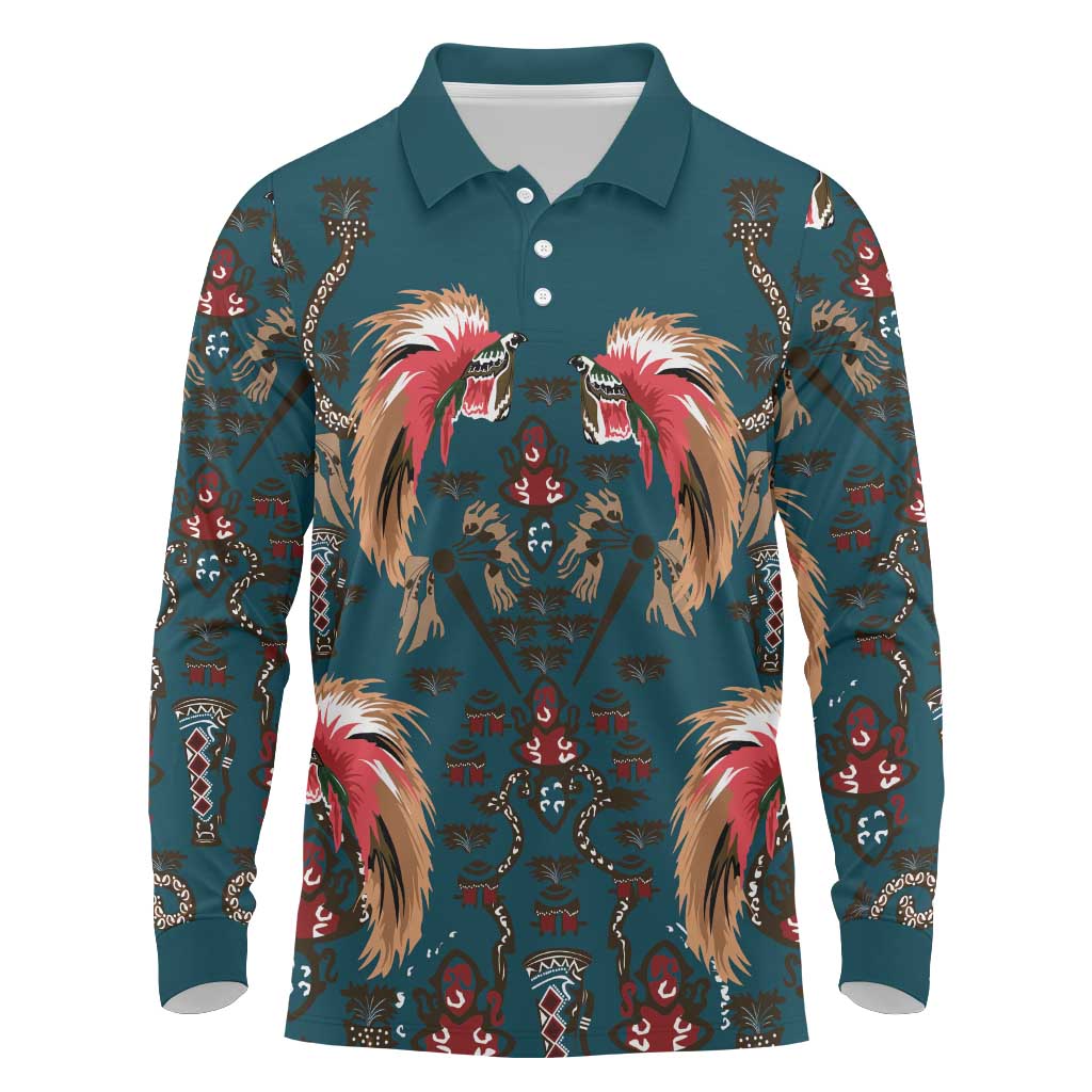 Dark Cyan Blue Bird of Batik Papua Long Sleeve Polo Shirt Exotic Natural Wealth of Papua - Polynesian Pride