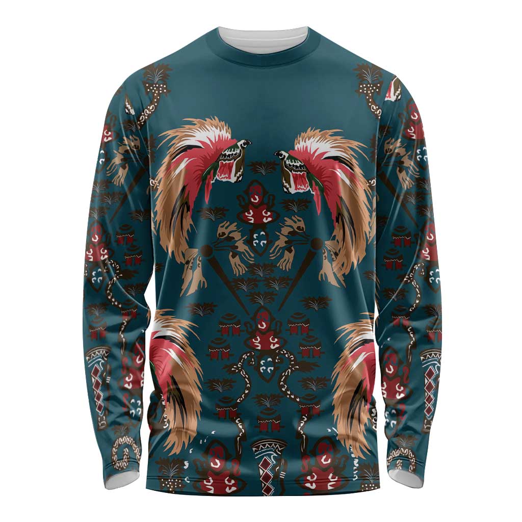 Dark Cyan Blue Bird of Batik Papua Long Sleeve Shirt Exotic Natural Wealth of Papua - Polynesian Pride