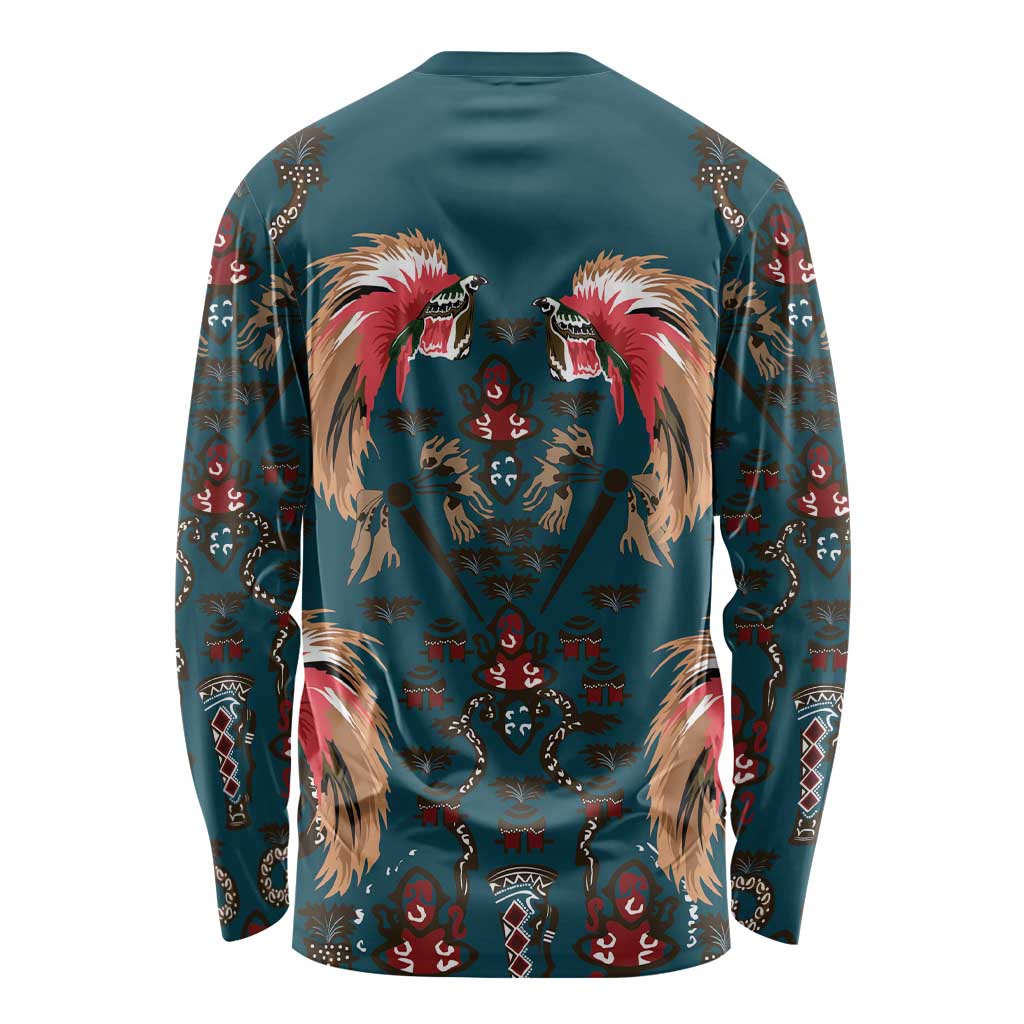 Dark Cyan Blue Bird of Batik Papua Long Sleeve Shirt Exotic Natural Wealth of Papua - Polynesian Pride