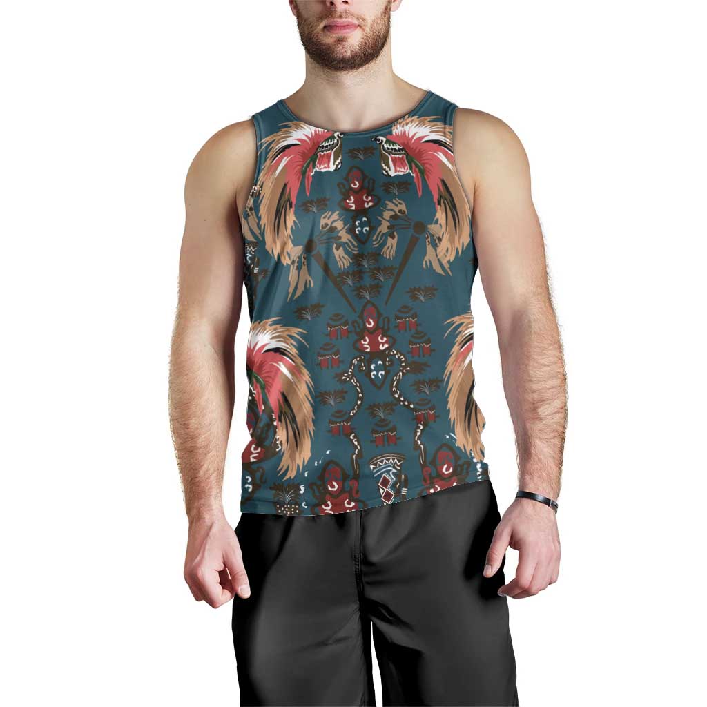 Dark Cyan Blue Bird of Batik Papua Men Tank Top Exotic Natural Wealth of Papua - Polynesian Pride