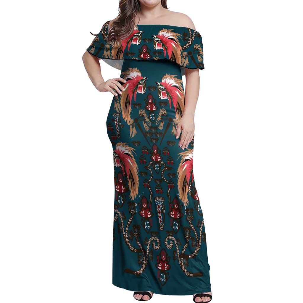 Dark Cyan Blue Bird of Batik Papua Off Shoulder Maxi Dress Exotic Natural Wealth of Papua - Polynesian Pride