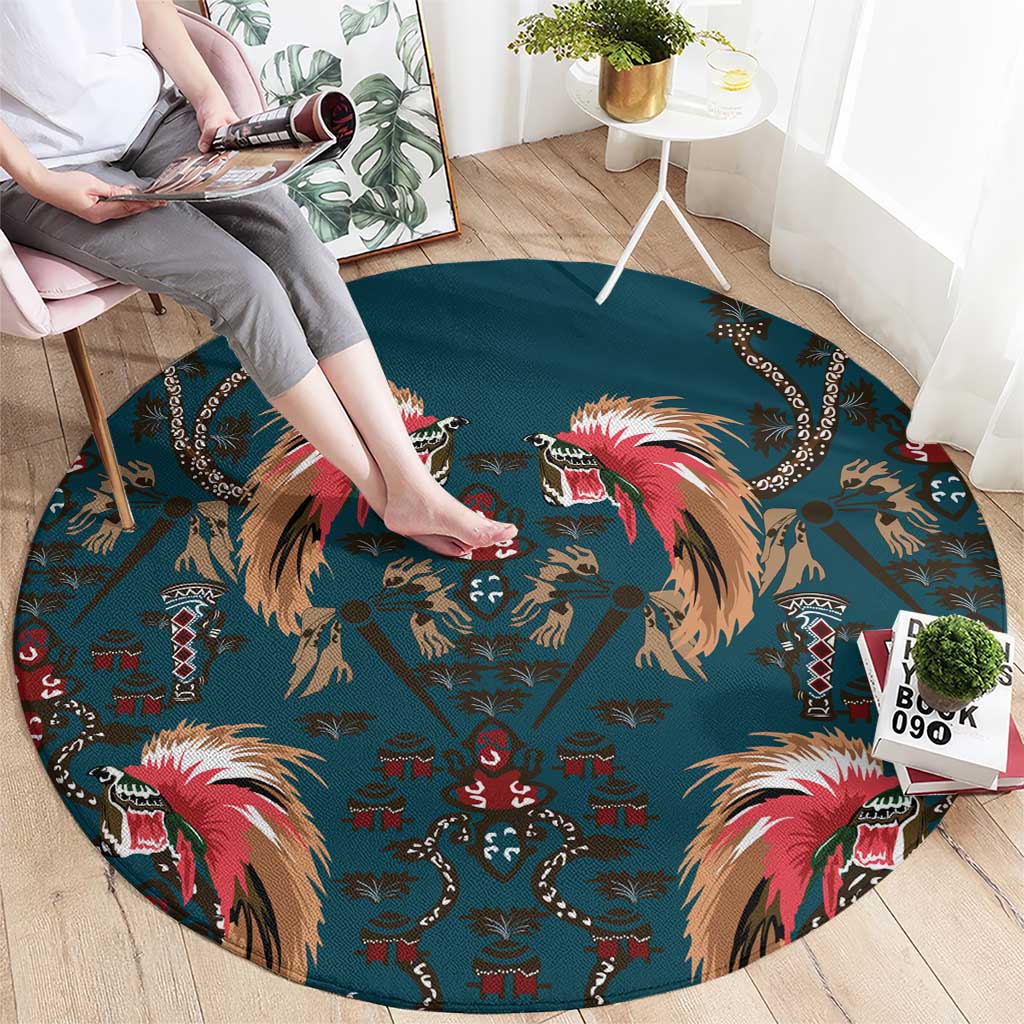 Dark Cyan Blue Bird of Batik Papua Round Carpet Exotic Natural Wealth of Papua - Polynesian Pride
