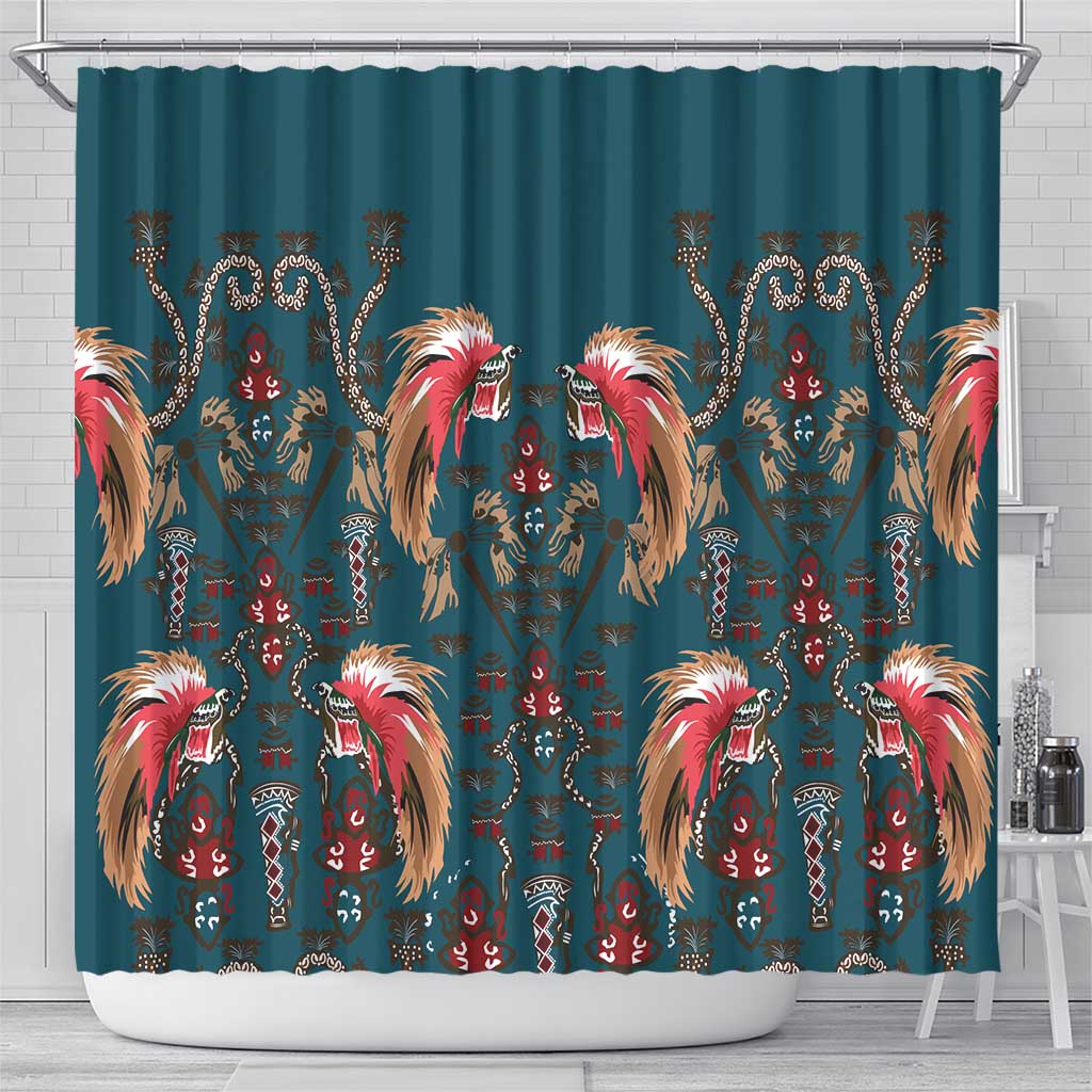 Dark Cyan Blue Bird of Batik Papua Shower Curtain Exotic Natural Wealth of Papua - Polynesian Pride
