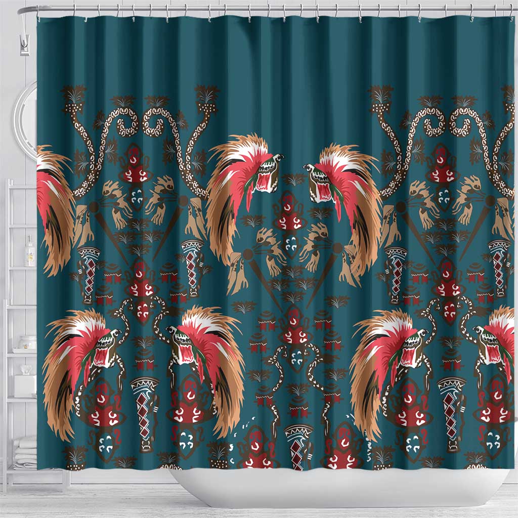 Dark Cyan Blue Bird of Batik Papua Shower Curtain Exotic Natural Wealth of Papua - Polynesian Pride