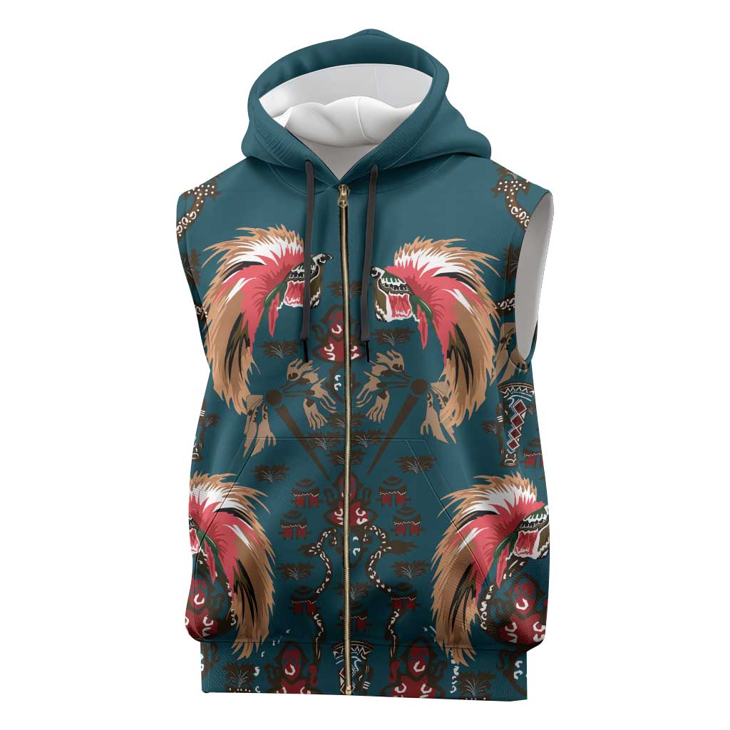 Dark Cyan Blue Bird of Batik Papua Sleeveless Zip Hoodie Exotic Natural Wealth of Papua - Polynesian Pride