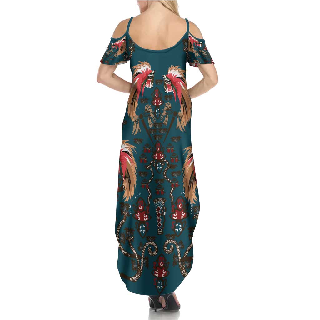 Dark Cyan Blue Bird of Batik Papua Summer Maxi Dress Exotic Natural Wealth of Papua - Polynesian Pride