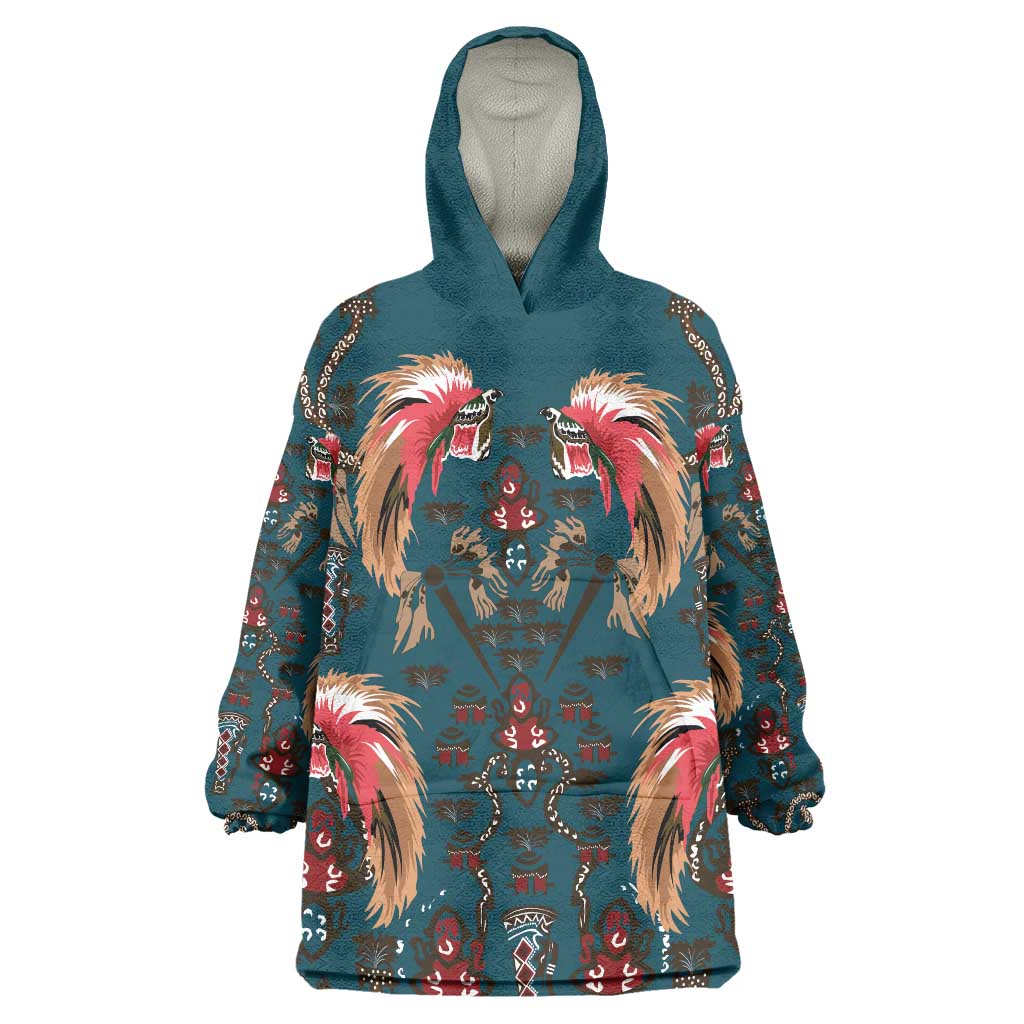 Dark Cyan Blue Bird of Batik Papua Wearable Blanket Hoodie Exotic Natural Wealth of Papua LT9 One Size Blue - Polynesian Pride