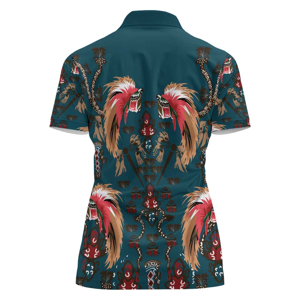 Dark Cyan Blue Bird of Batik Papua Women Polo Shirt Exotic Natural Wealth of Papua - Polynesian Pride