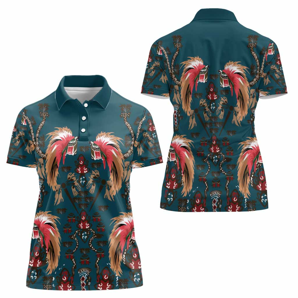 Dark Cyan Blue Bird of Batik Papua Women Polo Shirt Exotic Natural Wealth of Papua - Polynesian Pride
