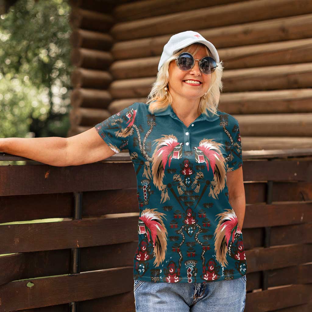 Dark Cyan Blue Bird of Batik Papua Women Polo Shirt Exotic Natural Wealth of Papua - Polynesian Pride