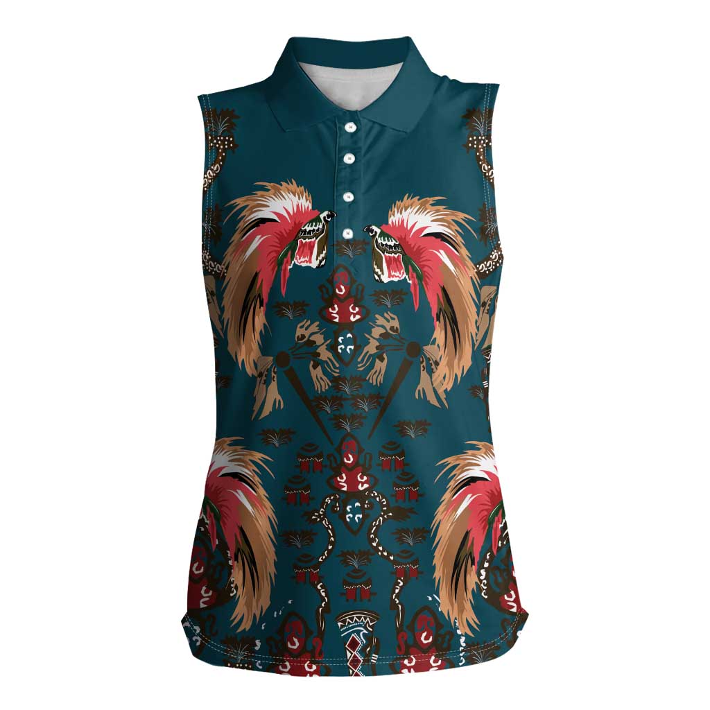 Dark Cyan Blue Bird of Batik Papua Women Sleeveless Polo Shirt Exotic Natural Wealth of Papua - Polynesian Pride
