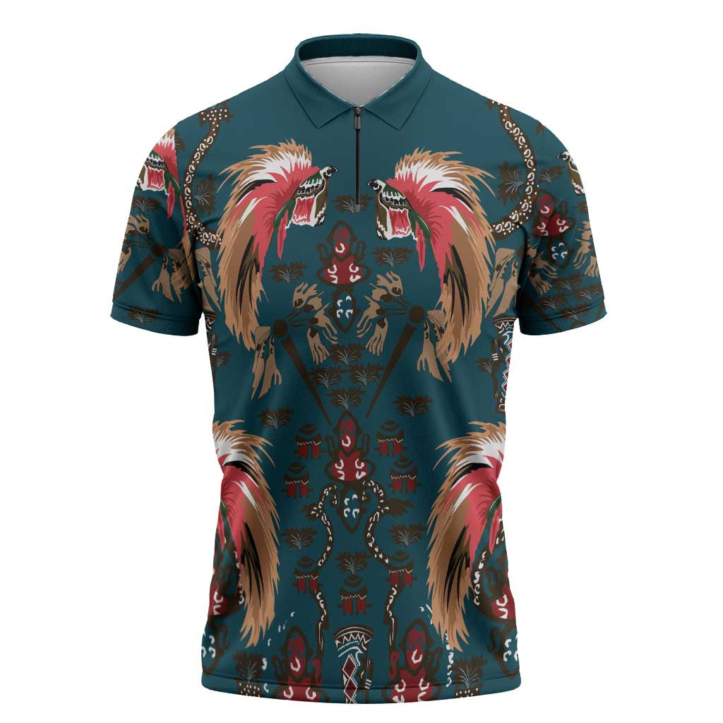 Dark Cyan Blue Bird of Batik Papua Zipper Polo Shirt Exotic Natural Wealth of Papua - Polynesian Pride
