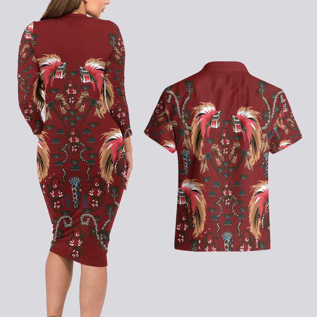 Oxblood Bird of Batik Papua Couples Matching Long Sleeve Bodycon Dress and Hawaiian Shirt Exotic Natural Wealth of Papua - Polynesian Pride