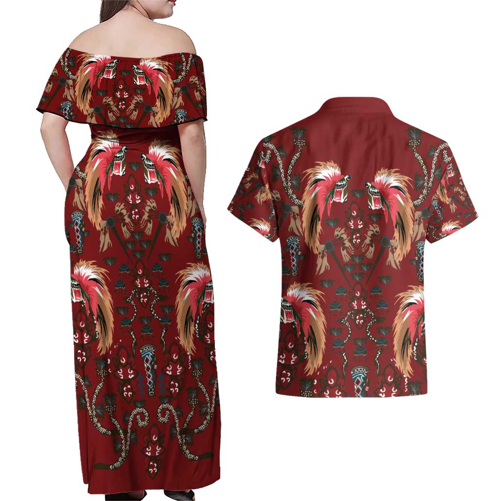 Oxblood Bird of Batik Papua Couples Matching Off Shoulder Maxi Dress and Hawaiian Shirt Exotic Natural Wealth of Papua - Polynesian Pride