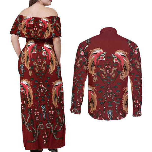 Personalised PNG Couples Matching Off Shoulder Short Dress and Long Sleeve Button Shirts Papua Motuan Mirror Style LT7 main image 1