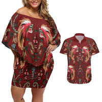 Oxblood Bird of Batik Papua Couples Matching Off Shoulder Short Dress and Hawaiian Shirt Exotic Natural Wealth of Papua - Polynesian Pride