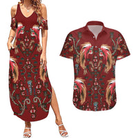 Oxblood Bird of Batik Papua Couples Matching Summer Maxi Dress and Hawaiian Shirt Exotic Natural Wealth of Papua - Polynesian Pride
