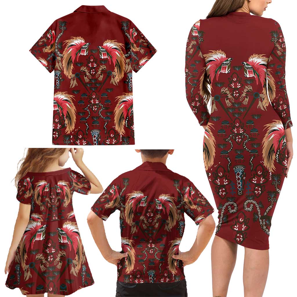 Oxblood Bird of Batik Papua Family Matching Long Sleeve Bodycon Dress and Hawaiian Shirt Exotic Natural Wealth of Papua - Polynesian Pride