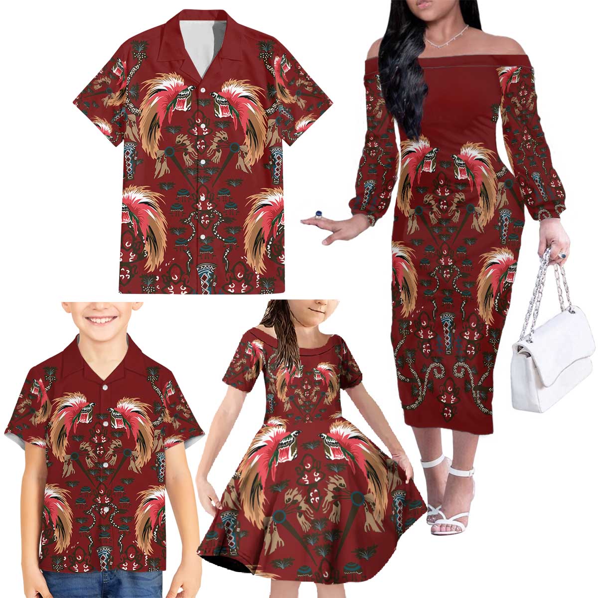 Oxblood Bird of Batik Papua Family Matching Off The Shoulder Long Sleeve Dress and Hawaiian Shirt Exotic Natural Wealth of Papua - Polynesian Pride