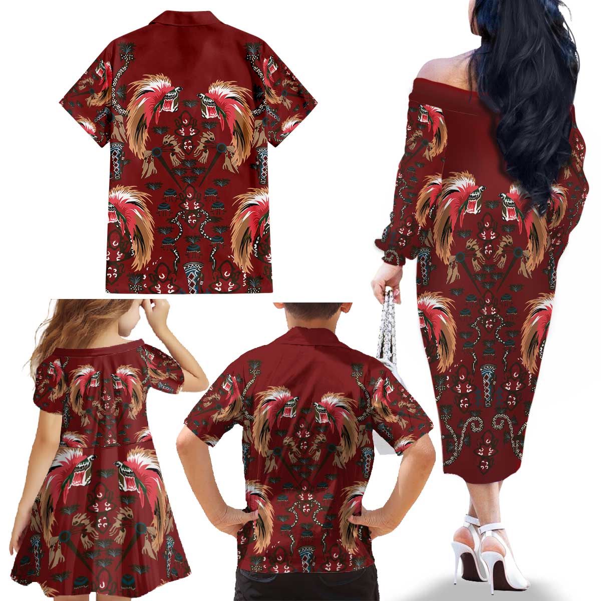 Oxblood Bird of Batik Papua Family Matching Off The Shoulder Long Sleeve Dress and Hawaiian Shirt Exotic Natural Wealth of Papua - Polynesian Pride