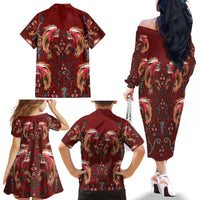 Oxblood Bird of Batik Papua Family Matching Off The Shoulder Long Sleeve Dress and Hawaiian Shirt Exotic Natural Wealth of Papua - Polynesian Pride