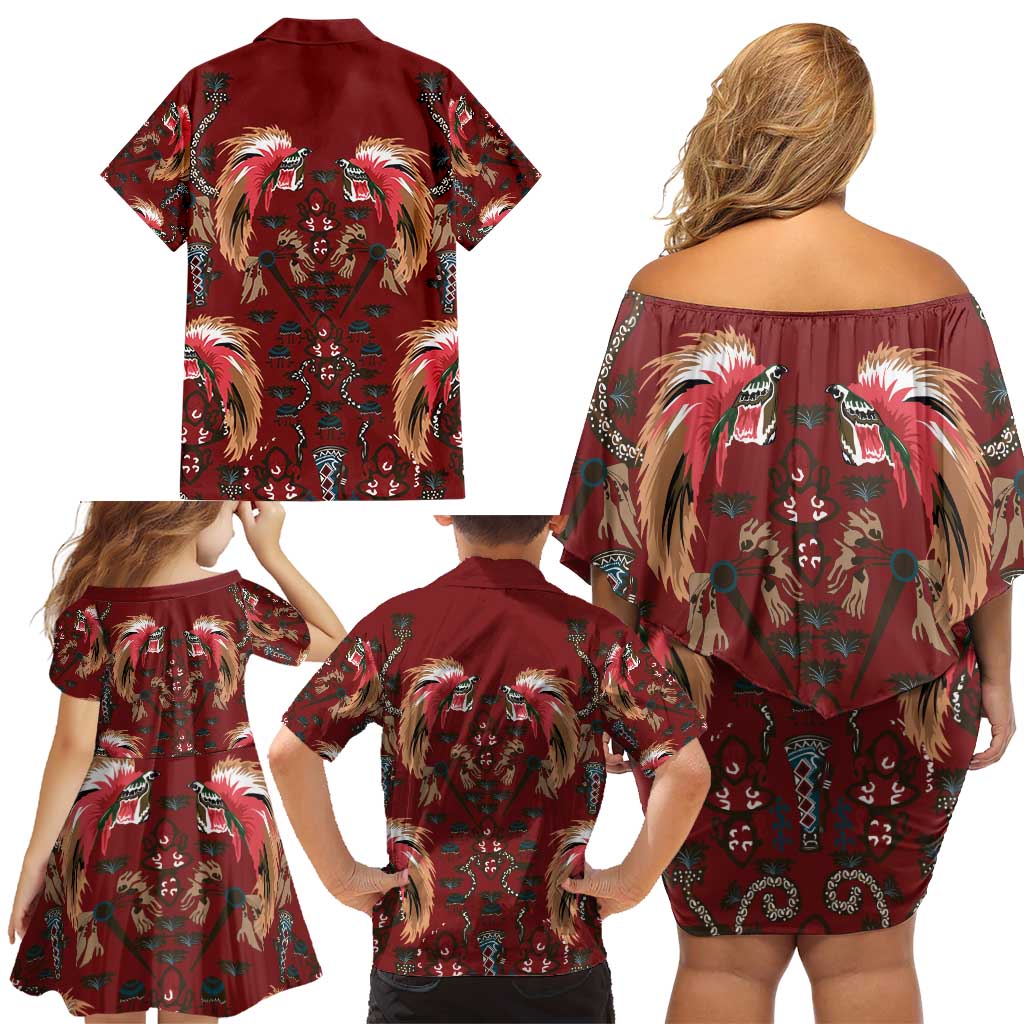 Oxblood Bird of Batik Papua Family Matching Off Shoulder Short Dress and Hawaiian Shirt Exotic Natural Wealth of Papua - Polynesian Pride