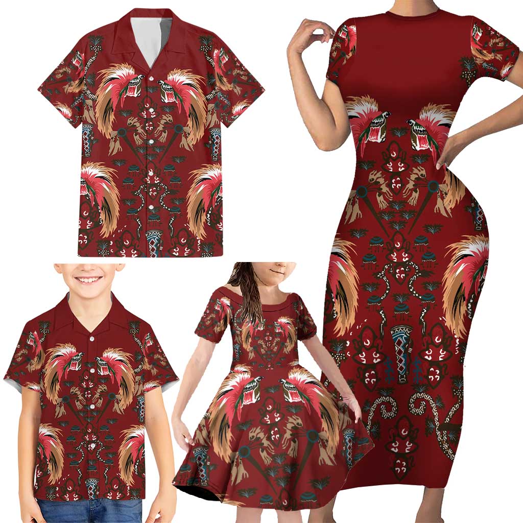 Oxblood Bird of Batik Papua Family Matching Short Sleeve Bodycon Dress and Hawaiian Shirt Exotic Natural Wealth of Papua - Polynesian Pride