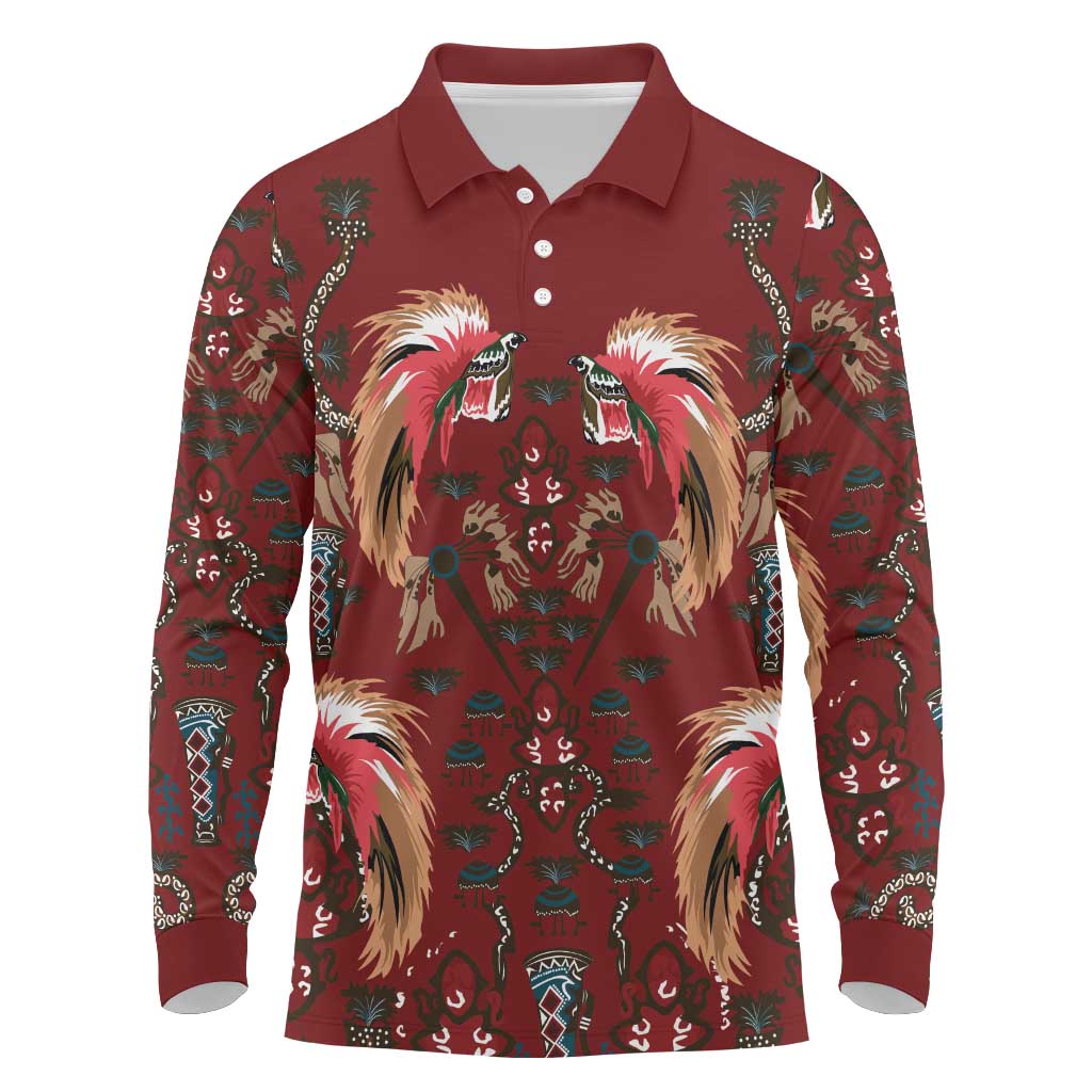 Oxblood Bird of Batik Papua Long Sleeve Polo Shirt Exotic Natural Wealth of Papua - Polynesian Pride