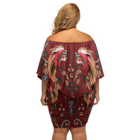 Oxblood Bird of Batik Papua Off Shoulder Short Dress Exotic Natural Wealth of Papua - Polynesian Pride