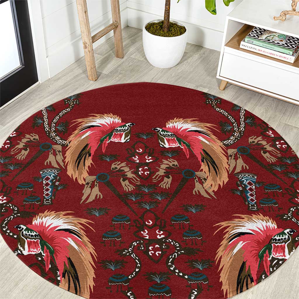 Oxblood Bird of Batik Papua Round Carpet Exotic Natural Wealth of Papua LT9 Red - Polynesian Pride
