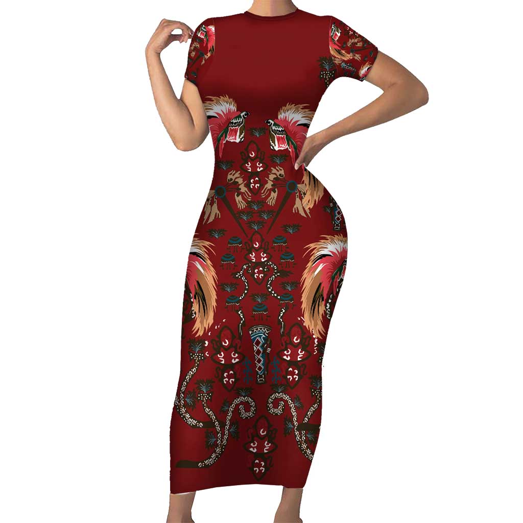 Oxblood Bird of Batik Papua Short Sleeve Bodycon Dress Exotic Natural Wealth of Papua - Polynesian Pride