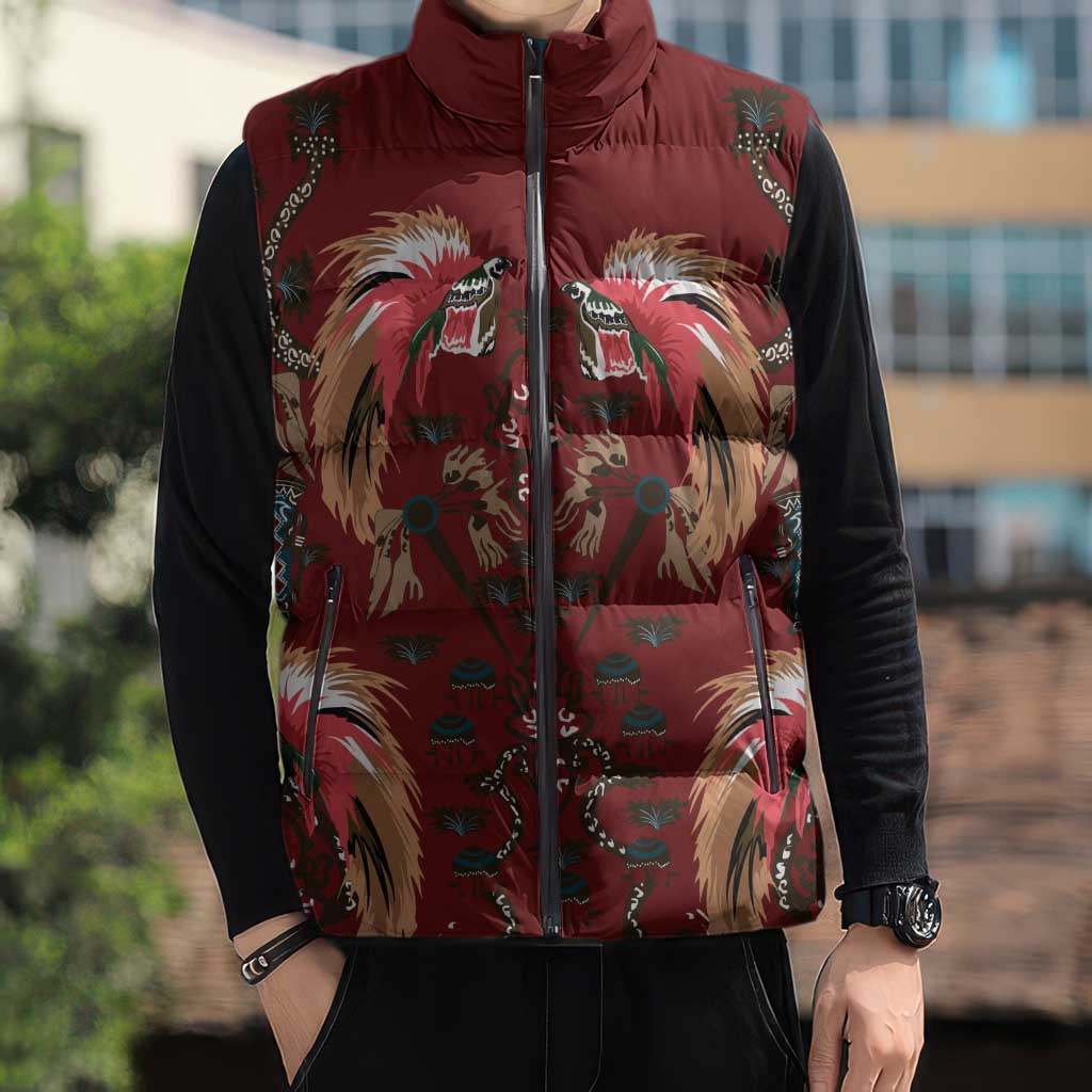 Oxblood Bird of Batik Papua Sleeveless Puffer Jacket Exotic Natural Wealth of Papua - Polynesian Pride