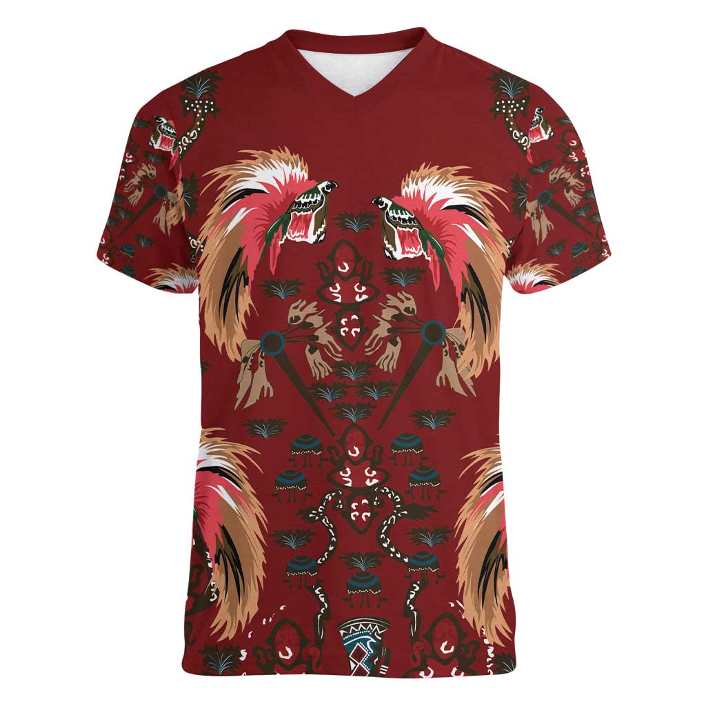 Oxblood Bird of Batik Papua Women V-Neck T-Shirt Exotic Natural Wealth of Papua - Polynesian Pride