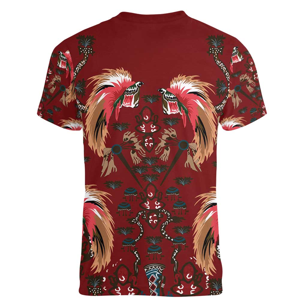 Oxblood Bird of Batik Papua Women V-Neck T-Shirt Exotic Natural Wealth of Papua - Polynesian Pride