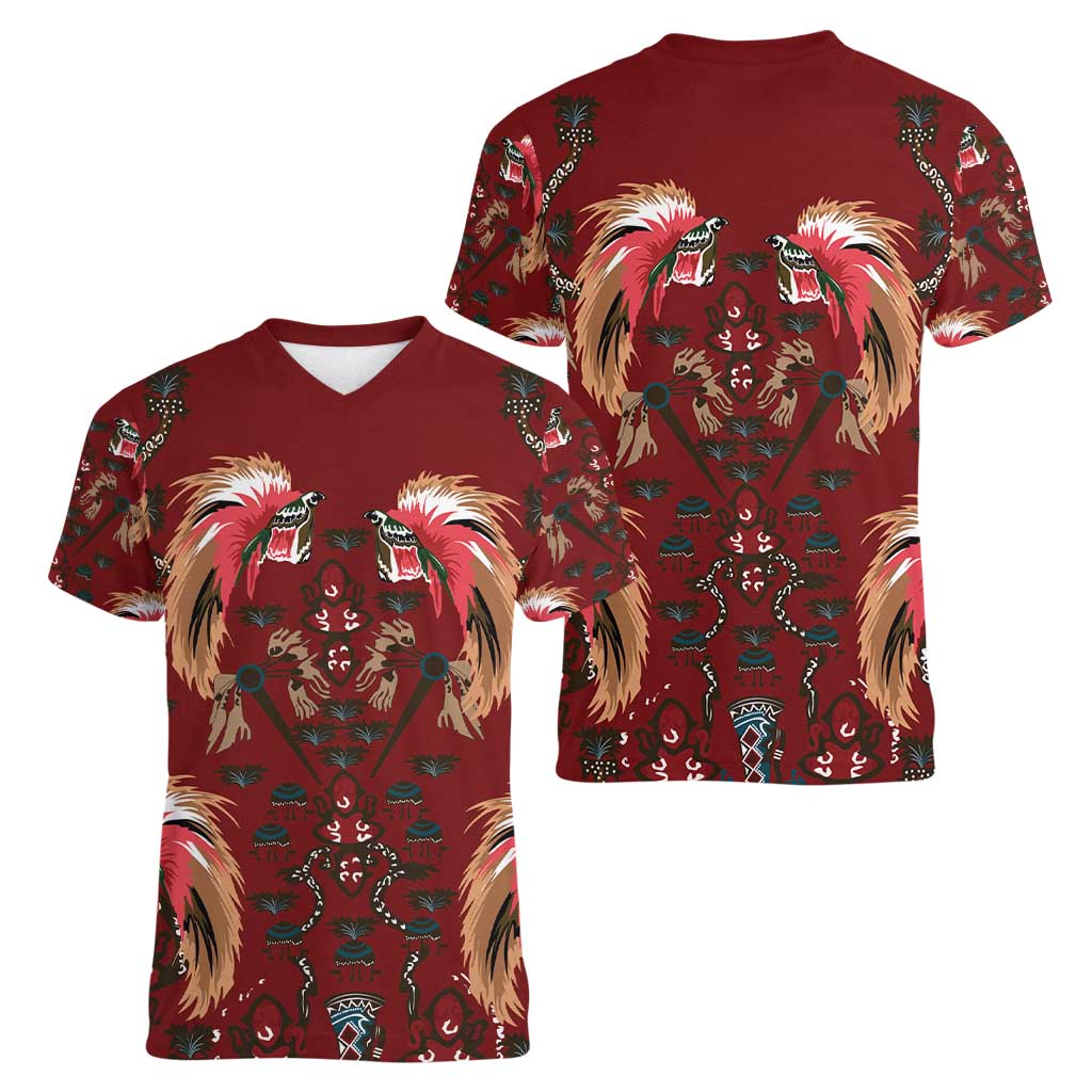 Oxblood Bird of Batik Papua Women V-Neck T-Shirt Exotic Natural Wealth of Papua - Polynesian Pride