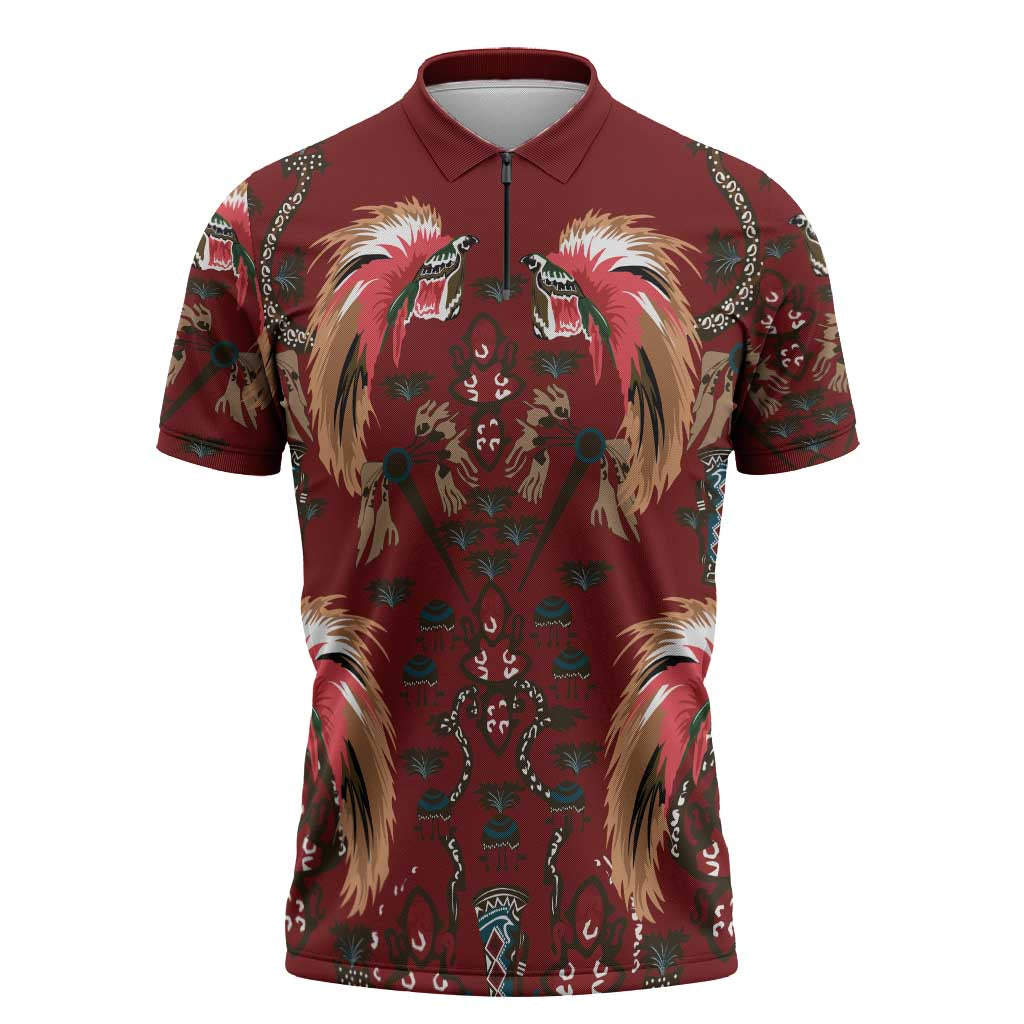 Oxblood Bird of Batik Papua Zipper Polo Shirt Exotic Natural Wealth of Papua - Polynesian Pride