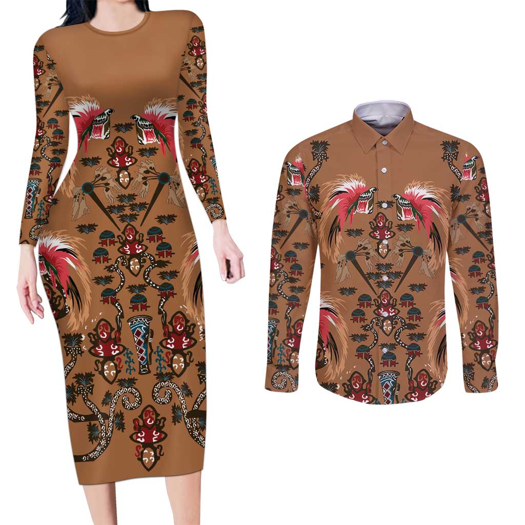 Terracotta Bird of Batik Papua Couples Matching Long Sleeve Bodycon Dress and Long Sleeve Button Shirt Exotic Natural Wealth of Papua - Polynesian Pride