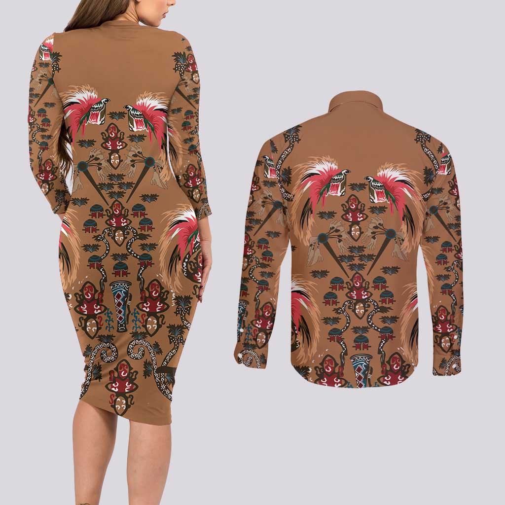 Terracotta Bird of Batik Papua Couples Matching Long Sleeve Bodycon Dress and Long Sleeve Button Shirt Exotic Natural Wealth of Papua - Polynesian Pride