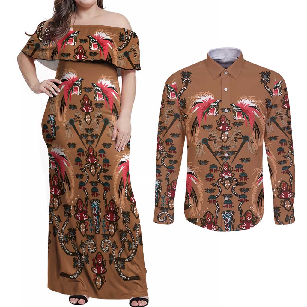 Terracotta Bird of Batik Papua Couples Matching Off Shoulder Maxi Dress and Long Sleeve Button Shirt Exotic Natural Wealth of Papua - Polynesian Pride