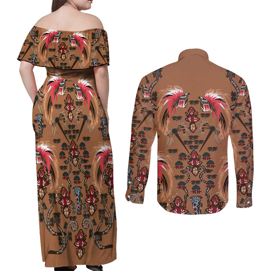 Terracotta Bird of Batik Papua Couples Matching Off Shoulder Maxi Dress and Long Sleeve Button Shirt Exotic Natural Wealth of Papua - Polynesian Pride