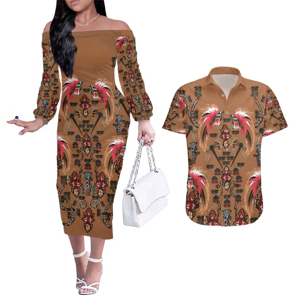 Terracotta Bird of Batik Papua Couples Matching Off The Shoulder Long Sleeve Dress and Hawaiian Shirt Exotic Natural Wealth of Papua - Polynesian Pride