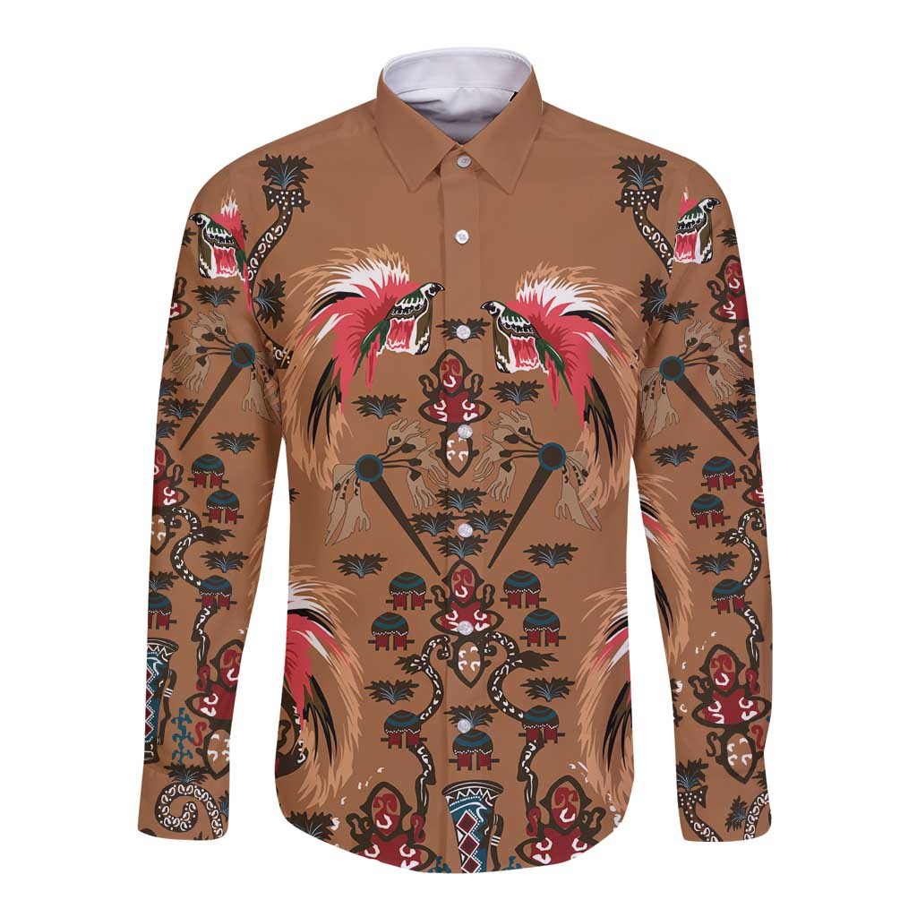 Terracotta Bird of Batik Papua Long Sleeve Button Shirt Exotic Natural Wealth of Papua - Polynesian Pride