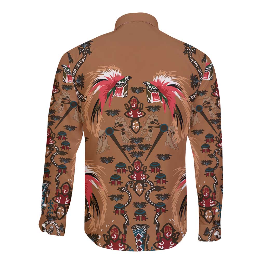 Terracotta Bird of Batik Papua Long Sleeve Button Shirt Exotic Natural Wealth of Papua - Polynesian Pride