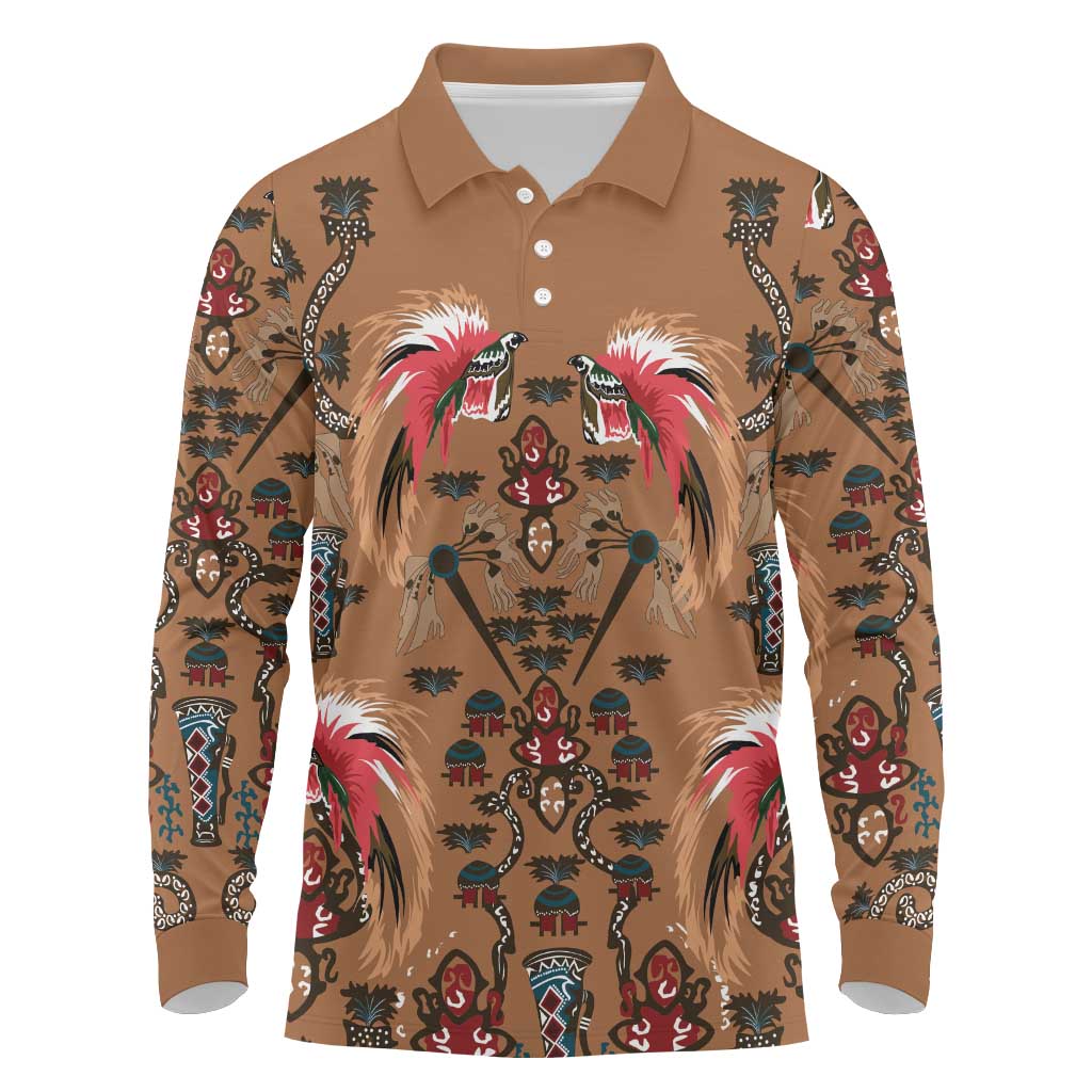 Terracotta Bird of Batik Papua Long Sleeve Polo Shirt Exotic Natural Wealth of Papua - Polynesian Pride