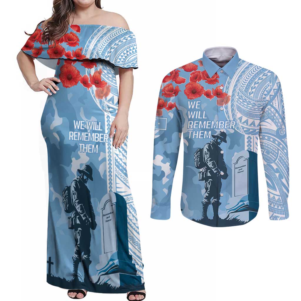 FSM Verterans Day Couples Matching Off Shoulder Maxi Dress and Long Sleeve Button Shirt Their Lives Your Freedom LT9 Blue - Polynesian Pride