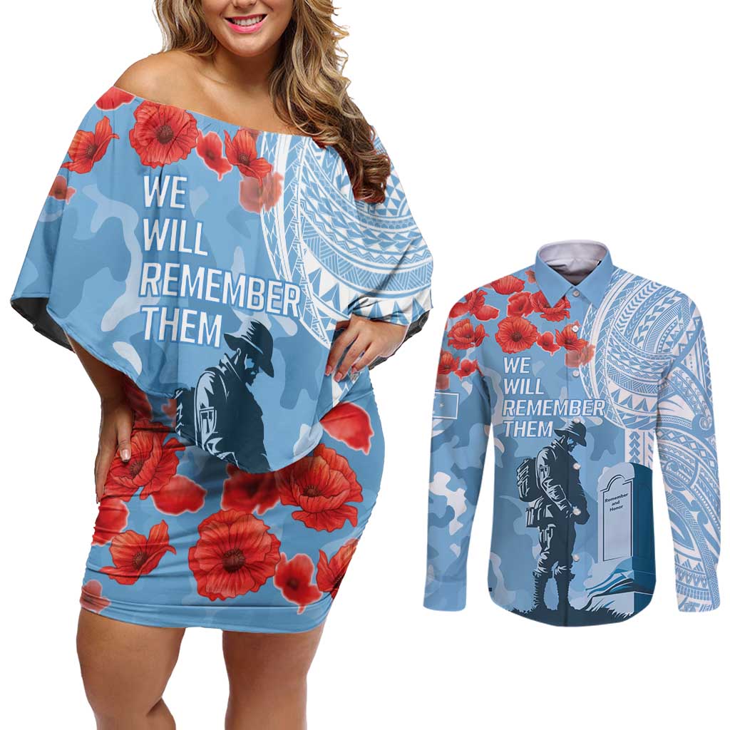 FSM Verterans Day Couples Matching Off Shoulder Short Dress and Long Sleeve Button Shirt Their Lives Your Freedom LT9 Blue - Polynesian Pride