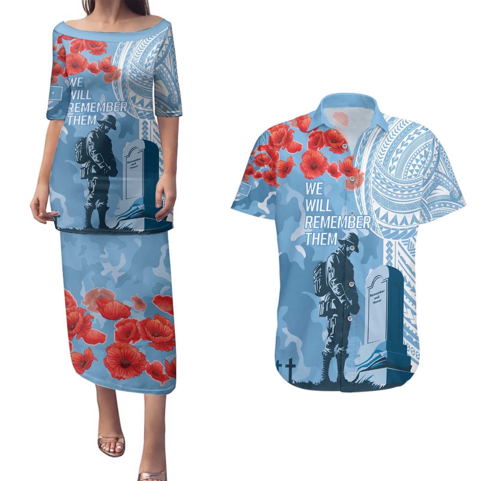 FSM Verterans Day Couples Matching Puletasi and Hawaiian Shirt Their Lives Your Freedom LT9 Blue - Polynesian Pride