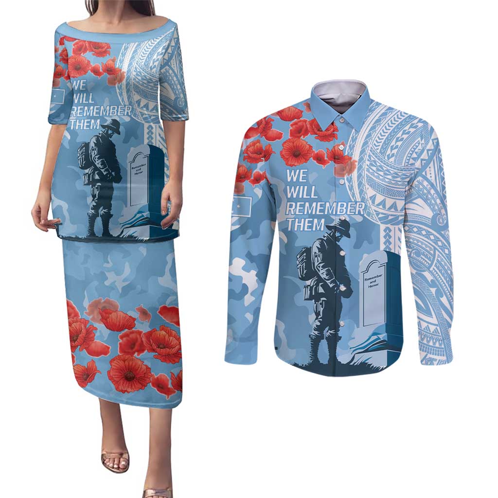 FSM Verterans Day Couples Matching Puletasi and Long Sleeve Button Shirt Their Lives Your Freedom LT9 Blue - Polynesian Pride